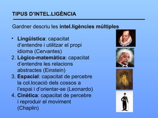 TIPUS D’INTEL.LIGÈNCIA Gardner descriu les  intel.ligències múltiples Lingüística : capacitat d’entendre i utilitzar el propi  idioma (Cervantes) 2.  Lògico-matemàtica : capacitat d’entendre les relacions abstractes (Einstein) 3.  Espacial : capacitat de percebre la col.locació dels cossos a l’espai i d’orientar-se (Leonardo) 4.  Cinètica : capacitat de percebre i reproduir el moviment (Chaplin) 