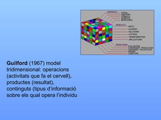 Guilford  (1967) model tridimensional: operacions (activitats que fa el cervell), productes (resultat), continguts (tipus d’informació sobre els qual opera l’individu 