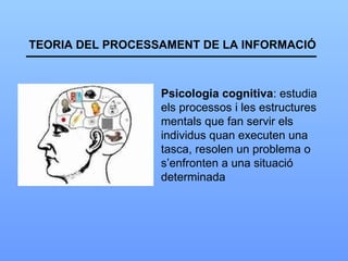 TEORIA DEL PROCESSAMENT DE LA INFORMACIÓ Psicologia cognitiva : estudia els processos i les estructures mentals que fan servir els individus quan executen una  tasca, resolen un problema o s’enfronten a una situació determinada 