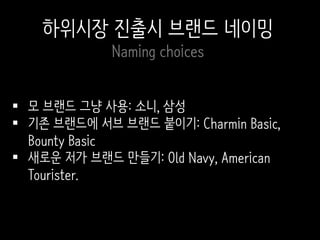  모 브랜드 그냥 사용: 소니, 삼성
 기존 브랜드에 서브 브랜드 붙이기: Charmin Basic,
Bounty Basic
 새로운 저가 브랜드 만들기: Old Navy, American
Tourister.
하위시장 진출시 브랜드 네이밍
Naming choices
 