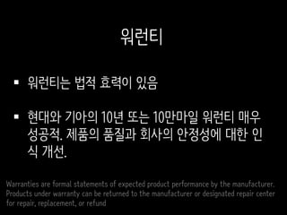  워런티는 법적 효력이 있음
 현대와 기아의 10년 또는 10만마일 워런티 매우
성공적. 제품의 품질과 회사의 안정성에 대한 인
식 개선.
Warranties are formal statements of expected product performance by the manufacturer.
Products under warranty can be returned to the manufacturer or designated repair center
for repair, replacement, or refund
워런티
 
