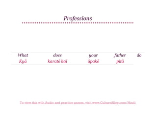 Professions

What
Kyā

does
karatē hai

your
āpakē

father
pitā

To view this with Audio and practice games, visit www.CultureAlley.com/Hindi

do

 