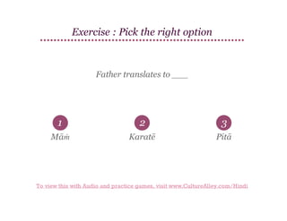 Exercise : Pick the right option

Father translates to ___

1

2

3

Māṁ

Karatē

Pitā

To view this with Audio and practice games, visit www.CultureAlley.com/Hindi

 