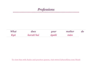 Professions

What
Kyā

does
karatē hai

your
āpakī

mother
māṁ

To view this with Audio and practice games, visit www.CultureAlley.com/Hindi

do

 