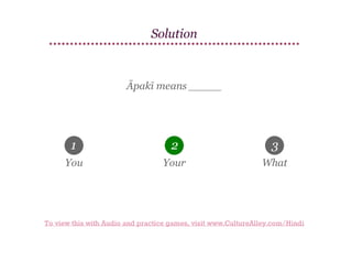Solution

Āpakī means _____

1

2

3

You

Your

What

To view this with Audio and practice games, visit www.CultureAlley.com/Hindi

 