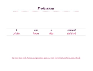 Professions

I
Maiṁ

am
hooṁ

a
ēka

student
chhātrā

To view this with Audio and practice games, visit www.CultureAlley.com/Hindi

 