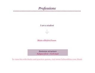 Professions

I am a student

Maiṁ chhātrā hooṁ

Sentence structure
Subject first | Verb last
To view this with Audio and practice games, visit www.CultureAlley.com/Hindi

 