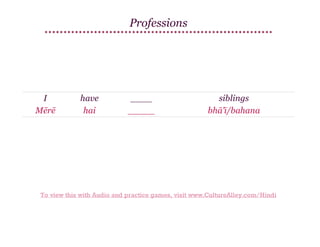 Professions

I
Mērē

have
hai

____
_____

siblings
bhā'ī/bahana

To view this with Audio and practice games, visit www.CultureAlley.com/Hindi

 