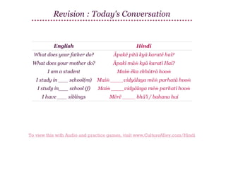Revision : Today's Conversation

English

Hindi

What does your father do?

Āpakē pitā kyā karatē hai?

What does your mother do?

Āpakī māṁ kyā karatī Hai?

I am a student

Maiṁ ēka chhātrā hooṁ

I study in ___ school(m)

Maiṁ ____vidyālaya mēṁ parhatā hooṁ

I study in___ school (f)

Maiṁ ____vidyālaya mēṁ parhatī hooṁ

I have ___ siblings

Mērē ____ bhā'ī / bahana hai

To view this with Audio and practice games, visit www.CultureAlley.com/Hindi

 