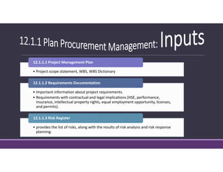 • Project scope statement, WBS, WBS Dictionary• Project scope statement, WBS, WBS Dictionary
12.1.1.1 Project Management Plan
• Important information about project requirements.
• Requirements with contractual and legal implications (HSE, performance, 
insurance, intellectual property rights, equal employment opportunity, licenses, 
and permits).
• Important information about project requirements.
• Requirements with contractual and legal implications (HSE, performance, 
insurance, intellectual property rights, equal employment opportunity, licenses, 
and permits).
12.1.1.2 Requirements Documentation
• provides the list of risks, along with the results of risk analysis and risk response 
planning.
• provides the list of risks, along with the results of risk analysis and risk response 
planning.
12.1.1.3 Risk Register
 