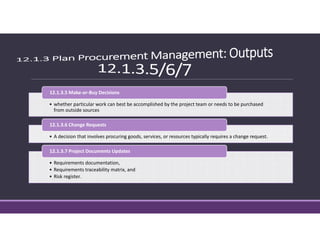 • whether particular work can best be accomplished by the project team or needs to be purchased 
from outside sources
12.1.3.5 Make‐or‐Buy Decisions
• A decision that involves procuring goods, services, or resources typically requires a change request.
12.1.3.6 Change Requests
• Requirements documentation,
• Requirements traceability matrix, and
• Risk register.
12.1.3.7 Project Documents Updates
 