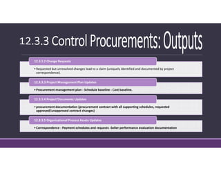 •Requested but unresolved changes lead to a claim (uniquely identified and documented by project 
correspondence).
12.3.3.2 Change Requests
•Procurement management plan ‐ Schedule baseline ‐ Cost baseline.
12.3.3.3 Project Management Plan Updates
•procurement documentation (procurement contract with all supporting schedules, requested 
approved/unapproved contract changes)
12.3.3.4 Project Documents Updates
•Correspondence ‐ Payment schedules and requests ‐Seller performance evaluation documentation
12.3.3.5 Organizational Process Assets Updates
 