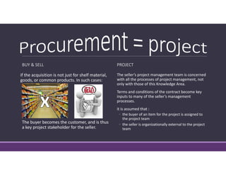 BUY & SELL 
if the acquisition is not just for shelf material, 
goods, or common products. In such cases:
The buyer becomes the customer, and is thus 
a key project stakeholder for the seller.
PROJECT
The seller’s project management team is concerned 
with all the processes of project management, not 
only with those of this Knowledge Area.
Terms and conditions of the contract become key 
inputs to many of the seller’s management 
processes.
it is assumed that :
◦ the buyer of an item for the project is assigned to 
the project team 
◦ the seller is organizationally external to the project 
team
 