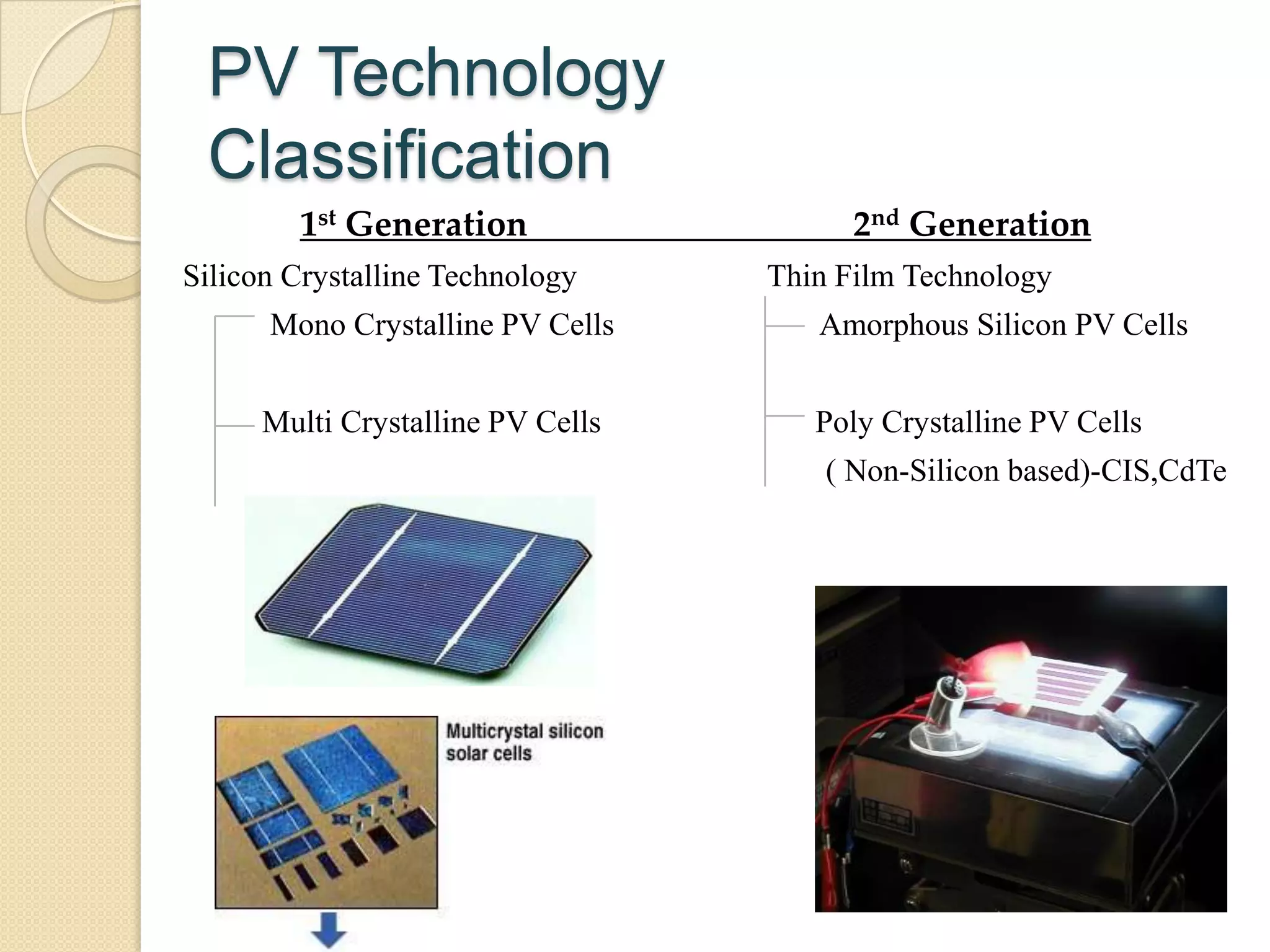 PV Technology
 Classification
        1st Generation                   2nd Generation
Silicon Crystalline Technology     Thin Film Technology
      Mono Crystalline PV Cells       Amorphous Silicon PV Cells


      Multi Crystalline PV Cells      Poly Crystalline PV Cells
                                       ( Non-Silicon based)-CIS,CdTe
 
