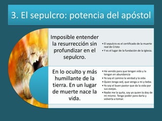 3. El sepulcro: potencia del apóstol
Imposible entender
la resurrección sin
profundizar en el
sepulcro.
En lo oculto y más
humillante de la
tierra. En un lugar
de muerte nace la
vida.
• El sepulcro es el certificado de la muerte
real de Cristo
• Y es el lugar de la fundación de la Iglesia.
• He venido para que tengan vida y la
tengan en abundancia
• Yo soy el camino la verdad y la vida.
• Quien tenga sed, que venga a mi y beba.
• Yo soy el buen pastor que da la vida por
sus ovejas.
• Nadie me la quita, soy yo quien la doy de
mi mismo. Tengo poder para darla y
volverla a tomar.
 