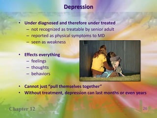 DepressionOnset – weeks to monthsBiological brain disorderNot part of normal aging7-12% of populationSuicide one of top ten causes of deathSome medicines cause depression30-40% SMI persons have depression70-90% depressed improve with medicationsand “talk” therapy
