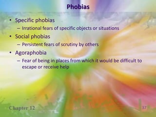 Anxiety Disorders Psychological features of anxietyWorrying, fear of worst case scenario, nervousness, inability to relaxPhysical features of anxietyArousal of sympathetic branch of autonomic nervous system