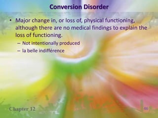 Somatoform DisordersPhysical problems (such as paralysis, pain, or persistent belief of serious disease) with no evidence of a physical abnormality