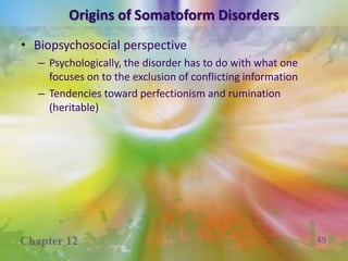 Body Dysmorphic DisorderPreoccupation with a fantasized or exaggerated physical defect in their appearanceMay assume others see them as deformed