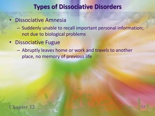Dissociative DisordersA separation of mental processes such as thoughts, emotions, identity, memory, or consciousness