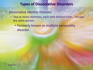 Types of Dissociative DisordersDissociative AmnesiaSuddenly unable to recall important personal information; not due to biological problemsDissociative FugueAbruptly leaves home or work and travels to another place, no memory of previous life