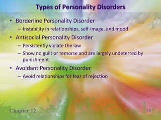 Types of Personality DisordersParanoid Personality DisorderInterpret other’s behavior as threatening or demeaningSchizotypal Personality DisorderPeculiarities of thought, perception, or behaviorSchizoid Personality DisorderIndifference to relationships and flat emotional response