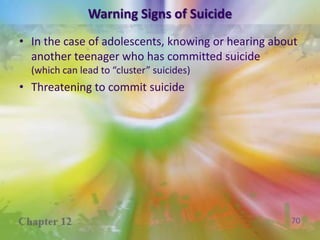Warning Signs of SuicideWithdrawal from social relationshipsPersonality or mood changesTalking or writing about death or dyingAbuse of drugs or alcoholAn attempted suicideAvailability of a handgunA precipitating event
