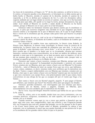 las leyes de la naturaleza, al llegar a la “Y” de los dos caminos, se abría la tierra y se
lo comía y el maestro pasaba a otra dimensión y el discípulo no se daba cuenta qué se
había hecho el Maestro, miraba el camino de la derecha, miraba el camino de la
izquierda, y al fin se definía por cualquiera de los 2 y solo los discípulos sabios
seguían andando por un lugar donde no existía el camino, sino que se lo iba haciendo
con cada paso que daba, allí quedó se lo tragó la tierra, porque desaparecía, hay que
andar. Leer donde el Maestro no escribe y andar donde el Maestro no ha hecho
camino, porque el Maestro izo el suyo, pero no el del discípulo.
Entonces todos los hermanos tenemos que darnos cuenta que la enseñanza se
nos da, es para que nosotros tengamos una claridad en lo que tengamos que hacer
nuestro camino y no depender de lo que el Maestro hace, de lo que la Logia Blanca
hace a través de la enseñanza que da, porque cada quien tiene que hacerse su propio
camino.
El 2o. aspecto de esto es, cuál va ha ser el fundamento que nosotros vamos a
utilizar a partir de ahora, el Elemento de Cambio, cuál es el Elemento de Cambio que
nosotros vamos a hacer.
Ese elemento de cambio tiene una explicación, la Gnosis tiene Kabala, la
Gnosis tiene Medicina, la Gnosis tiene Astrología, la Gnosis tiene la ciencia de la
meditación, la Gnosis tiene una cantidad de elementos que uno dirá, “a mí no me
gusta la Kabala” como decíamos ayer, otros dirán “ a mí no me gusta la medicina”,
pero resulta que el hombre o la mujer que se va levantando, encarna por razones
naturales, encarna todos esos conocimientos, no se hará un médico de médicos, pero
aprende a curar que es lo importante, no se hará un poeta, pero se inspira y el ser le
da sus poemas para cantarle a la vida, es decir, va teniendo todo, porque todo se
conjuga en aquello que la Gnosis es la Madre de todo...
Entonces qué vamos a hacer nosotros, estamos por Dharma, porque qué sería
de nosotros en este momento? la humanidad involucionando y nosotros sin cuerpo
físico, estamos por un Dharma, pero que vamos a hacer con ese Dharma? lo llevamos
al bolsillo... tener el Dharma de tener un cuerpo físico que nos sirve, que hablamos,
vemos, oímos, andamos, es decir, tenemos todos esos atributos que la naturaleza nos
ha dado. Vamos a seguir embarrándola con ese Dharma que tenemos, estamos por un
Karma, claro que si, que vamos a hacer con ese Karma? esperar que nos incineren allí
y que van a incinerar a un cuerpo físico, sino prácticamente todo lo que somos, hasta
convertirnos en una chispa de las que se escapan allí por el viento que llega a las
llamas...
Qué vamos a hacer con ese Karma? pagarlo, pagarlo. Y para pagar el Karma
qué debemos, que tenemos que hacer? haz buenas obras para que pagues tus deudas.
Entonces queridos hermanos, son interrogantes que nos tenemos que hacer,
aquí estamos por un Karma, vamos a pagarlo, tenemos un Dharma, pues
acrecentémoslo con esos atributos que la naturaleza nos ha dado.
De la 11ava. Joya del Dragón Amarillo tenemos que hablar de eso que se llama
la 9a. esfera.
Esta 9a. esfera, esto es un mundo, donde tiene sus cinco continentes, con sus
sistemas políticos, religiosos, económicos, de todo aquello, allí está porqué es el
mundo, ese es el mundo.
Cuando nosotros vemos aquí (y voy a tener que pedirle a Gamaliel que me
pinte aquí otra cosa, mas comprensible), aquí una esferita y una Virgencita parada
allí, esa Virgencita que está allí, porque han pintado, eso no fue porque le dio la gana
a los Curas, hacer pintar una Virgen sobre el Mundo, pisándole la cabeza a una
serpiente, eso es justamente lo poco que nos queda ilustrado en una pintura de lo que
es la enseñanza de los grandes sabios sobre lo que es la pasión.
 