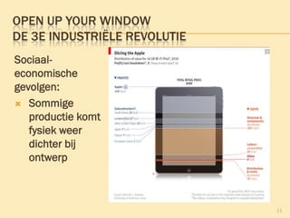 OPEN UP YOUR WINDOW
DE 3E INDUSTRIËLE REVOLUTIE
Sociaal-
economische
gevolgen:
 Sommige
productie komt
fysiek weer
dichter bij
ontwerp
11
 