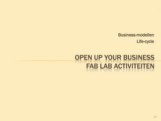 Business-modellen
Life-cycle
23
OPEN UP YOUR BUSINESS
FAB LAB ACTIVITEITEN
 