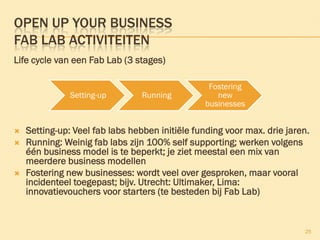 OPEN UP YOUR BUSINESS
FAB LAB ACTIVITEITEN
Life cycle van een Fab Lab (3 stages)
 Setting-up: Veel fab labs hebben initiële funding voor max. drie jaren.
 Running: Weinig fab labs zijn 100% self supporting; werken volgens
één business model is te beperkt; je ziet meestal een mix van
meerdere business modellen
 Fostering new businesses: wordt veel over gesproken, maar vooral
incidenteel toegepast; bijv. Utrecht: Ultimaker, Lima:
innovatievouchers voor starters (te besteden bij Fab Lab)
25
Setting-up Running
Fostering
new
businesses
 