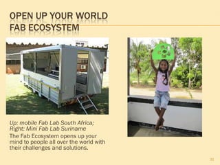 31
OPEN UP YOUR WORLD
FAB ECOSYSTEM
Up: mobile Fab Lab South Africa;
Right: Mini Fab Lab Suriname
The Fab Ecosystem opens up your
mind to people all over the world with
their challenges and solutions.
 