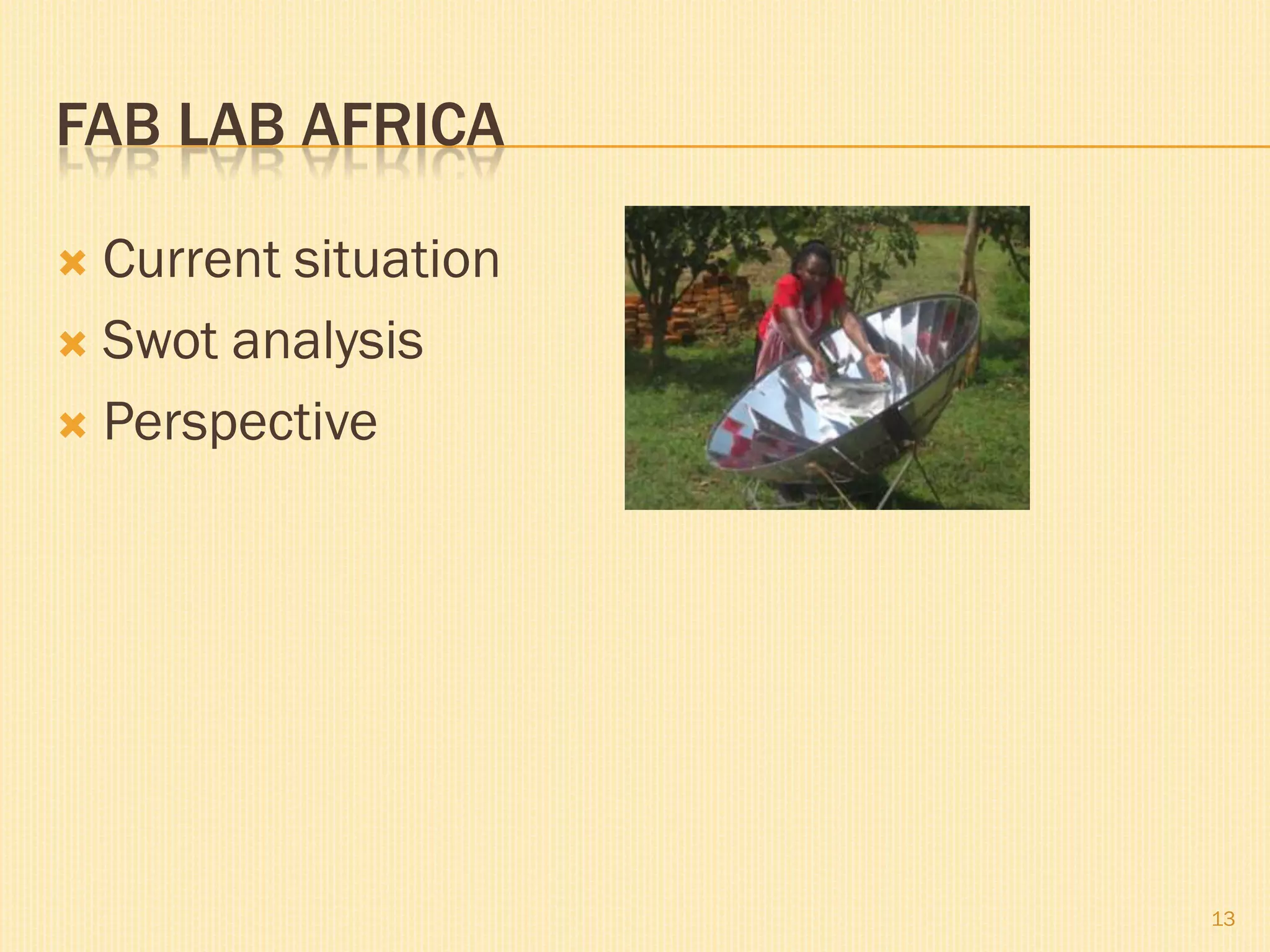 FAB LAB AFRICA

 Current situation
 Swot analysis

 Perspective




                      13
 