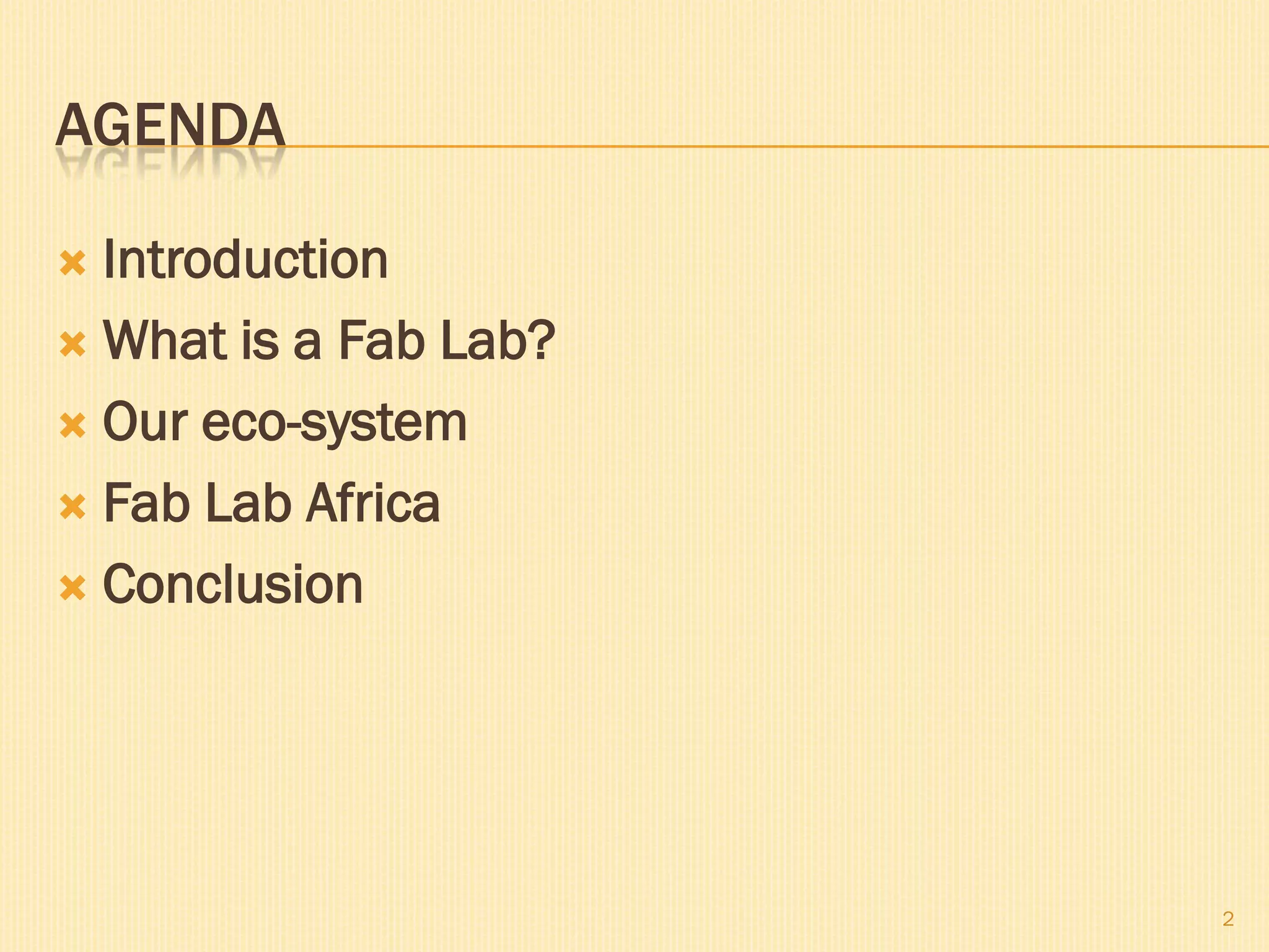 AGENDA

 Introduction
 What is a Fab Lab?

 Our eco-system

 Fab Lab Africa

 Conclusion




                       2
 
