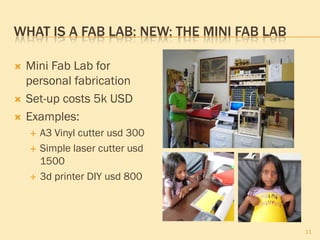 WHAT IS A FAB LAB: NEW: THE MINI FAB LAB

   Mini Fab Lab for
    personal fabrication
   Set-up costs 5k USD
   Examples:
       A3 Vinyl cutter usd 300
       Simple laser cutter usd
        1500
       3d printer DIY usd 800




                                           11
 