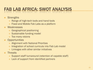 FAB LAB AFRICA: SWOT ANALYSIS
   Strengths
       Range of high-tech tools and hand tools
       Fixed and Mobile Fab Labs as a platform
   Weaknesses
       Geographical positioning
       Sustainable funding model
       Too many visions
   Opportunities
       Alignment with National Priorities
       Integration of school curricula into Fab Lab model
       Linkages with other similar initiatives
   Threats
       Support staff turnaround (retention of capable staff)
       Lack of support from identified partners


                                                                15
 