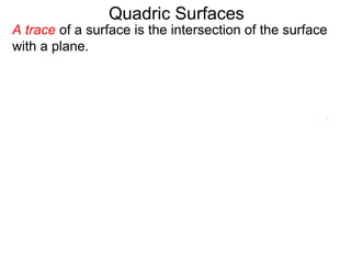 Quadric Surfaces
A trace of a surface is the intersection of the surface
with a plane.
 