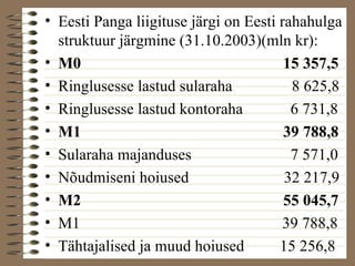• Eesti Panga liigituse järgi on Eesti rahahulga 
struktuur järgmine (31.10.2003)(mln kr): 
• M0 15 357,5 
• Ringlusesse lastud sularaha 8 625,8 
• Ringlusesse lastud kontoraha 6 731,8 
• M1 39 788,8 
• Sularaha majanduses 7 571,0 
• Nõudmiseni hoiused 32 217,9 
• M2 55 045,7 
• M1 39 788,8 
• Tähtajalised ja muud hoiused 15 256,8 
 