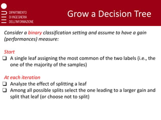Grow a Decision Tree
Consider a binary classification setting and assume to have a gain
(performances) measure:
Start
❑ A single leaf assigning the most common of the two labels (i.e., the
one of the majority of the samples)
At each iteration
❑ Analyze the effect of splitting a leaf
❑ Among all possible splits select the one leading to a larger gain and
split that leaf (or choose not to split)
 