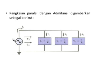 • Rangkaian paralel dengan Admitansi digambarkan
sebagai berikut :
 
