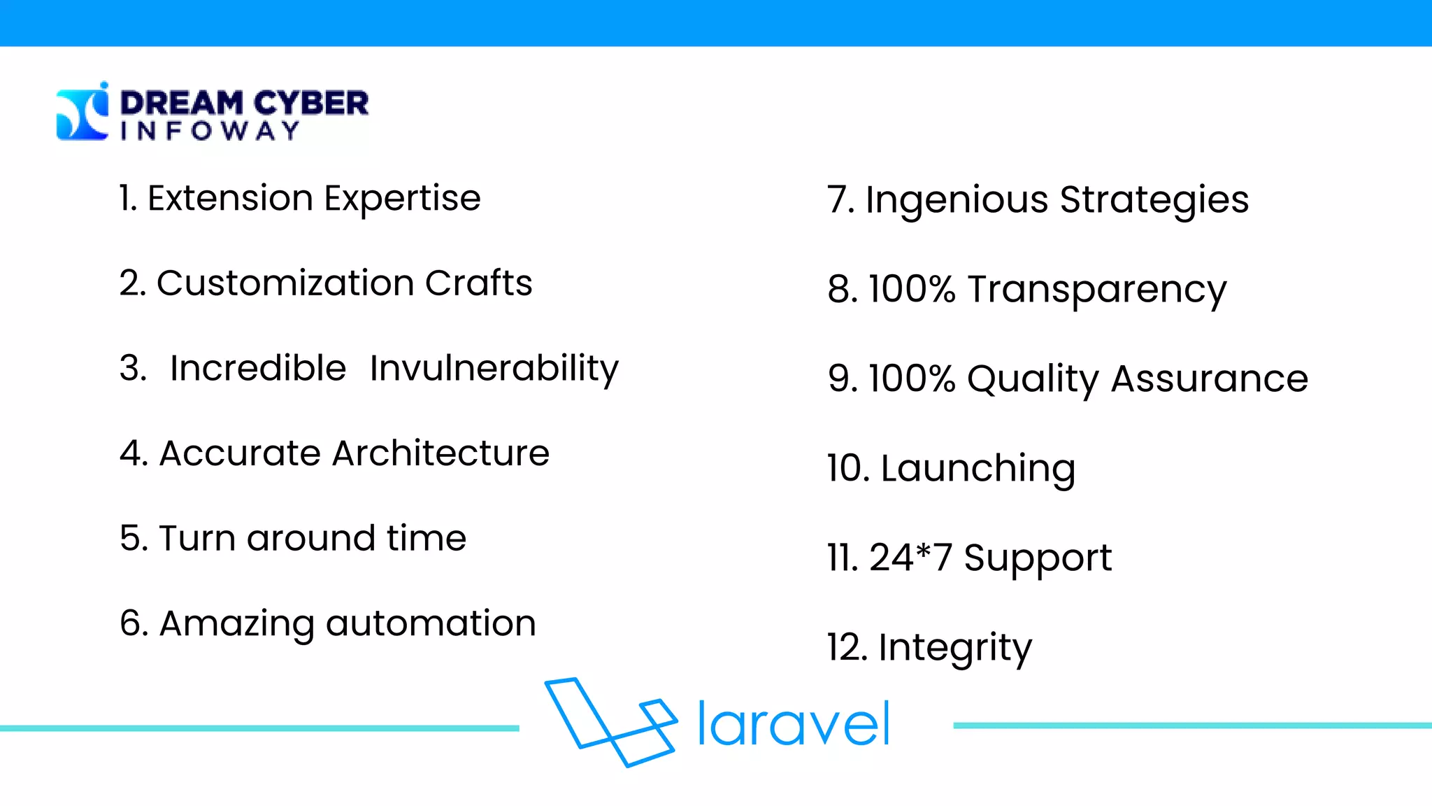 1. Extension Expertise
2. Customization Crafts
3. Incredible Invulnerability
4. Accurate Architecture
5. Turn around time
6. Amazing automation
7. Ingenious Strategies
8. 100% Transparency
9. 100% Quality Assurance
10. Launching
11. 24*7 Support
12. Integrity
 