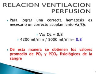 5
 Para lograr una correcta hematosis es
necesario un correcto acoplamiento Va/Qc
 Va/ Qc = 0.8
 4200 ml/min / 5000 ml/min= 0.8
 De esta manera se obtienen los valores
promedio de PO2 y PCO2 fisiológicos de la
sangre
 