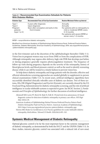 104 ● Retina and Vitreous
in the first trimester and at the discretion of the ophthalmologist thereafter (­Table 5-1).
Vision loss in pregnant ­
women may occur from DME or from the complications of PDR.
Although retinopathy may regress ­
after delivery, high-­
risk PDR that develops just before
or during pregnancy generally requires photocoagulation treatment. The frequency of
follow-up visits during pregnancy depends on the severity of the retinopathy, history of
blood glucose levels, and blood pressure control, as well as the need to identify worsening
disease while it can still be treated in a timely fashion to prevent vision loss.
To help detect diabetic retinopathy and triage patients with the disorder, effective and
efficient telemedicine screening approaches are needed globally to supplement in-­
person
clinical examinations (­Table 5-2). In recent years, artificial intelligence algorithms have
successfully identified clinically referable cases of diabetic eye disease. Two of ­
these sys-
tems, IDx-­
DR (Digital Diagnostics) and EyeArt (Eyenuk), are currently cleared by the US
Food and Drug Administration for diabetic retinopathy screening, and the role of artif­icial
intelligence in ocular telehealth systems is expected to grow. See BCSC Section 2, Funda-
mentals and Princi­
ples of Ophthalmology, for further discussion of artificial intelligence.
Abràmoff MD, Lavin PT, Birch M, Shah N, Folk JC. Pivotal trial of an autonomous AI-­
based
diagnostic system for detection of diabetic retinopathy in primary care offices. NPJ Digit
Med. 2018;1:39.
American Acad­
emy of Ophthalmology Ret­
i­
na/Vitreous Preferred Practice Pattern Panel.
Diabetic Retinopathy Preferred Practice Pattern. American Acad­
emy of Ophthalmology;
2019. https://­www​.­aao​.­org​/­preferred​-­practice​-­pattern​/­diabetic​-­retinopathy​-­ppp
Horton MB, Brady CJ, Cavallerano J, et al. Practice guidelines for ocular telehealth-­
diabetic
retinopathy, third edition. Telemed J E Health. 2020;26(4):495–543.
Systemic Medical Management of Diabetic Retinopathy
Optimal glycemic control is by far the most impor­
tant ­
factor in the systemic management
of diabetic retinopathy, as demonstrated by both the DCCT and the UKPDS (­Table 5-3). In
­
these studies, intensive glycemic control was associated with a reduced risk of new-­
onset
­Table 5-1 Recommended Eye Examination Schedule for Patients
With Diabetes Mellitus
Diabetes Type Recommended Time of First Eye Examination Routine Minimum Follow-up Interval
Type 1 5 years ­
after diagnosis Annually
Type 2 Upon diagnosis Annually
Pregnant
patients
(type 1 or 2)
Soon ­
after conception and early in the
first trimester
For patients with no retinopathy to
mild or moderate NPDR: ­
every
3–12 months
For patients with severe NPDR or
worse: ­
every 1–3 months
NPDR = nonproliferative diabetic retinopathy.
Modified from American Acad­
emy of Ophthalmology Ret­
i­
na/Vitreous Panel. Preferred Practice Pattern
Guidelines. Diabetic Retinopathy. American Acad­
emy of Ophthalmology; 2019. aao​.­org​/­preferred​-­practice​
-­pattern​/­diabetic​-­retinopathy​-­ppp
 