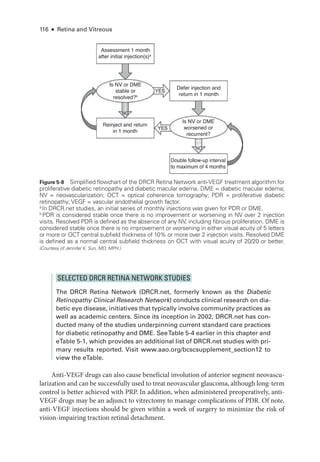 116 ● Retina and Vitreous
SELECTED DRCR RET­
INA NETWORK STUDIES
The DRCR Ret­
ina Network (DRCR​.­net, formerly known as the Diabetic
Retinopathy Clinical Research Network) conducts clinical research on dia-
betic eye disease, initiatives that typically involve community practices as
well as academic centers. Since its inception in 2002, DRCR​.­net has con-
ducted many of the studies underpinning current standard care practices
for diabetic retinopathy and DME. See­Table 5-4 ­
earlier in this chapter and
eTable 5-1, which provides an additional list of DRCR​.­net studies with pri-
mary results reported. Visit www.aao.org/bcscsupplement_section12 to
view the eTable.
Anti-­
VEGF drugs can also cause beneficial involution of anterior segment neovascu-
larization and can be successfully used to treat neovascular glaucoma, although long-­term
control is better achieved with PRP. In addition, when administered preoperatively, anti-­
VEGF drugs may be an adjunct to vitrectomy to manage complications of PDR. Of note,
anti-­
VEGF injections should be given within a week of surgery to minimize the risk of
vision-­impairing traction ret­i­nal detachment.
Assessment 1 month
after initial injection(s)a
Defer injection and
return in 1 month
Reinject and return
in 1 month
Is NV or DME
worsened or
recurrent?
Double follow-up interval
to maximum of 4 months
Is NV or DME
stable or
resolved?b
YES
YES
NO
NO
Figure 5-8 Simplified flowchart of the DRCR Ret­
ina Network anti-­
VEGF treatment algorithm for
proliferative diabetic retinopathy and diabetic macular edema. DME = diabetic macular edema;
NV = neovascularization; OCT = optical coherence tomography; PDR = proliferative diabetic
retinopathy; VEGF = vascular endothelial growth ­
factor.
a
In DRCR​.­net studies, an initial series of monthly injections was given for PDR or DME.
b
PDR is considered stable once ­
there is no improvement or worsening in NV over 2 injection
visits. Resolved PDR is defined as the absence of any NV, including fibrous proliferation. DME is
considered stable once ­
there is no improvement or worsening in ­
either visual acuity of 5 letters
or more or OCT central subfield thickness of 10% or more over 2 injection visits. Resolved DME
is defined as a normal central subfield thickness on OCT with visual acuity of 20/20 or better.
(Courtesy of Jennifer K. Sun, MD, MPH.)
 