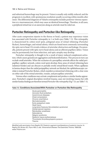 190 ● Retina and Vitreous
and subret­
i­
nal hemorrhage may be pre­
sent. Vision is usually only mildly reduced, and the
prognosis is excellent, with spontaneous resolution usually occurring within months ­
after
onset. The differential diagnosis of Valsalva retinopathy includes posterior vitreous separa-
tion or a macroaneurysm, which may cause an identical hemorrhage. Therefore, in all cases,
a peripheral ret­
i­
nal tear or an aneurysm along an arteriole must be ruled out.
Purtscher Retinopathy and Purtscher-­
like Retinopathy
­
After acute compression injuries to the thorax or head, a patient may experience vision
loss associated with Purtscher retinopathy in 1 or both eyes (Table 7-3). This retinopathy
is characterized by cotton-­
wool spots, polygonal areas of ret­
i­
nal whitening (Purtscher
flecken), hemorrhages, and ret­
i­
nal edema, which are found most commonly surrounding
the optic nerve head. FA reveals evidence of arteriolar obstruction and leakage. Occasion-
ally, patients pre­
sent with optic nerve head edema and an afferent pupillary defect. Vision
may be permanently lost from infarction, and optic atrophy may develop.
Purtscher retinopathy is thought to be a result of injury-­
induced complement activa-
tion, which ­causes granulocyte aggregation and leukoembolization. This pro­cess in turn can
occlude small arterioles. When the occlusion of a precapillary arteriole affects the radial peri-
papillary capillary network, cotton-­
wool spots develop; ­
these areas of ret­
i­
nal whitening have
indistinct borders and can obscure or partially overlie ret­
i­
nal blood vessels. When capillaries
in lamina deeper than the radial peripapillary network are blocked, the ophthalmoscopic cor-
relate is instead Purtscher flecken, which manifest as intraret­
i­
nal whitening with a clear zone
on ­
either side of the ret­
i­
nal arterioles, venules, and precapillary arterioles.
Vari­
ous other conditions may activate complement and produce a similar fundus appear-
ance. Purtscher’s original description involved trauma; cases not involving trauma but with
similarfundusfindingsarethereforetermedPurtscher-­likeretinopathy(Fig7-21;­seeTable7-3).
­Table 7-3 ​
Conditions Associated With Purtscher or Purtscher-­
like Retinopathy
Acute pancreatitis
Amniotic fluid embolism
Autoimmune diseases
Chest compression
Chronic renal failure
Dermatomyositis
Early postpartum state
Head injury
Long-­
bone fractures (fat embolism syndrome)
Orbital ste­
roid injection
Retrobulbar anesthesia
Scleroderma
Sjögren syndrome
Systemic lupus erythematosus
Thrombotic thrombocytopenic purpura
Trauma
Modified with permission from Regillo CD. Posterior segment manifestations of systemic trauma. In:
Regillo CD, Brown GC, Flynn HW Jr, eds. Vitreoret­i­nal Disease:The Essentials.Thieme; 1999:538.
www​.­Thieme​.­com
 