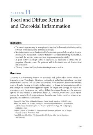 249
C H A P T E R 11
Focal and Diffuse Ret­
i­
nal
and Choroidal Inflammation
Highlights
• The most impor­
tant step in managing chorioret­
i­
nal inflammation is distinguishing
between noninfectious and infectious etiologies.
• Noninfectious forms of chorioret­
i­
nal inflammation, particularly the white dot syn-
dromes, have characteristic features that can be useful in identifying ­
these entities,
for which the workup, treatments, and prognoses vary substantially.
• A good history and high index of suspicion are necessary to obtain the ap-
propriate laboratory tests for patients with infectious forms of chorioret­
i­
nal
inflammation.
• Primary vitreoret­
i­
nal lymphoma can masquerade as uveitis.
Overview
A variety of inflammatory diseases are associated with yellow-­
white lesions of the ret­
ina and choroid. This chapter highlights vari­
ous focal and diffuse ret­
i­
nal and choroidal
inflammatory diseases that can cause such lesions. When the term standard treatment is
used to describe therapy, options for inflammatory eye disease include corticosteroids in
the acute phase and immunosuppressive agents for longer-­
term therapy. Choice of im-
munosuppressive therapy can vary widely. Other therapies or disease-­
specific treatment
options are also outlined as appropriate. See BCSC Section 9, Uveitis and Ocular Inflam-
mation, for more in-­
depth information on ­
these diseases, further detail on treatment ap-
proaches, and additional illustrations.
Agarwal A. Gass’ Atlas of Macular Diseases. 2 vols. 5th ed. Saunders; 2012:805–1064.
Albert DM, Miller JW, Azar DT, Young LH. Intermediate and Posterior Uveitis section.
Albert and Jakobiec’s Principles and Practice of Ophthalmology. 4th ed. Springer;
2022:4025–4363.
Foster CS, Vitale AT, Jakobiec FA. Diagnosis and Treatment of Uveitis. 2nd ed. Jaypee ­
Brothers Medical Publishers; 2013.
Freund KB, Sarraf D, Mieler WF, Yannuzzi LA. The Ret­
ina Atlas. 2nd ed. Saunders;
2017:399–492.
 