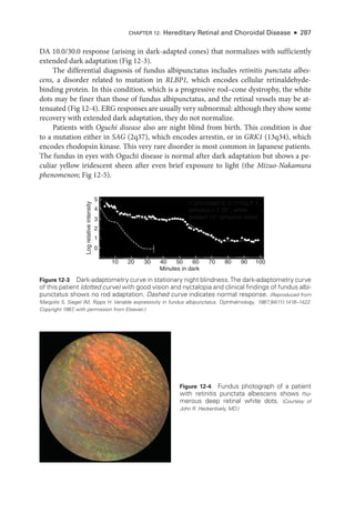 CHAPTER 12: Hereditary Ret­
i­
nal and Choroidal Disease ● 287
DA 10.0/30.0 response (arising in dark-­
adapted cones) that normalizes with sufficiently
extended dark adaptation (Fig 12-3).
The differential diagnosis of fundus albipunctatus includes retinitis punctata albes-
cens, a disorder related to mutation in RLBP1, which encodes cellular retinaldehyde-­
binding protein. In this condition, which is a progressive rod–­
cone dystrophy, the white
dots may be finer than ­
those of fundus albipunctatus, and the ret­
i­
nal vessels may be at-
tenuated (Fig 12-4). ERG responses are usually very subnormal: although they show some
recovery with extended dark adaptation, they do not normalize.
Patients with Oguchi disease also are night blind from birth. This condition is due
to a mutation ­
either in SAG (2q37), which encodes arrestin, or in GRK1 (13q34), which
encodes rhodopsin kinase. This very rare disorder is most common in Japa­
nese patients.
The fundus in eyes with Oguchi disease is normal ­
after dark adaptation but shows a pe-
culiar yellow iridescent sheen ­
after even brief exposure to light (the Mizuo-­Nakamura
phenomenon; Fig 12-5).
5
4
3
2
Log
relative
intensity
1
0
10 20 30 40 50
Minutes in dark
7' pre-adapt to 3.11 log ft. L.
stimulus = 1.25°, white
located 15° temporal retina
60 70 80 90 100
Figure 12-3 Dark-­adaptometry curve in stationary night blindness.The dark-­adaptometry curve
of this patient (dotted curve) with good vision and nyctalopia and clinical findings of fundus albi-
punctatus shows no rod adaptation. Dashed curve indicates normal response. (Reproduced from
Margolis S, Siegel IM, Ripps H. Variable expressivity in fundus albipunctatus. Ophthalmology. 1987;94(11):1416–1422.
Copyright 1987
, with permission from Elsevier.)
Figure 12-4 Fundus photo­
graph of a patient
with retinitis punctata albescens shows nu-
merous deep ret­
i­
nal white dots. (Courtesy of
John R. Heckenlively, MD.)
 