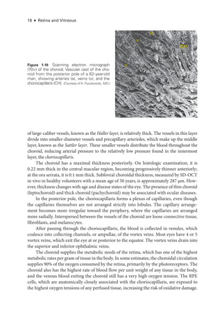 18 ● Retina and Vitreous
v
v
a
CH
Figure 1-10 Scanning electron micrograph
(70×) of the choroid. Vascular cast of the cho-
roid from the posterior pole of a 62-year-­
old
man, showing arteries (a), veins (v), and the
choriocapillaris (CH). (Courtesy of A. Fryczkowski, MD.)
of large-­
caliber vessels, known as the Haller layer, is relatively thick. The vessels in this layer
divide into smaller-­
diameter vessels and precapillary arterioles, which make up the ­
middle
layer, known as the Sattler layer. ­
These smaller vessels distribute the blood throughout the
choroid, reducing arterial pressure to the relatively low pressure found in the innermost
layer, the choriocapillaris.
The choroid has a maximal thickness posteriorly. On histologic examination, it is
0.22 mm thick in the central macular region, becoming progressively thinner anteriorly;
at the ora serrata, it is 0.1 mm thick. Subfoveal choroidal thickness, mea­
sured by SD-­
OCT
in vivo in healthy volunteers with a mean age of 50 years, is approximately 287 μm. How-
ever, thickness changes with age and disease states of the eye. The presence of thin choroid
(leptochoroid) and thick choroid (pachychoroid) may be associated with ocular diseases.
In the posterior pole, the choriocapillaris forms a plexus of capillaries, even though
the capillaries themselves are not arranged strictly into lobules. The capillary arrange-
ment becomes more irregular ­
toward the periphery, where the capillaries are arranged
more radially. Interspersed between the vessels of the choroid are loose connective tissue,
fibroblasts, and melanocytes.
­
After passing through the choriocapillaris, the blood is collected in venules, which
coalesce into collecting channels, or ampullae, of the vortex veins. Most eyes have 4 or 5
vortex veins, which exit the eye at or posterior to the equator. The vortex veins drain into
the superior and inferior ophthalmic veins.
The choroid supplies the metabolic needs of the ret­
ina, which has one of the highest
metabolic rates per gram of tissue in the body. In some estimates, the choroidal circulation
supplies 90% of the oxygen consumed by the ret­
ina, primarily by the photoreceptors. The
choroid also has the highest rate of blood flow per unit weight of any tissue in the body,
and the venous blood exiting the choroid still has a very high oxygen tension. The RPE
cells, which are anatomically closely associated with the choriocapillaris, are exposed to
the highest oxygen tensions of any perfused tissue, increasing the risk of oxidative damage.
 