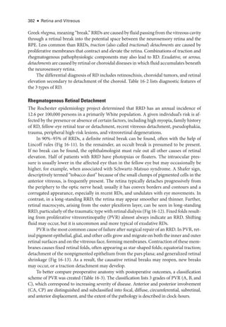 382 ● Retina and Vitreous
Greek rhegma, meaning “break.” RRDs are caused by fluid passing from the vitreous cavity
through a ret­
i­
nal break into the potential space between the neurosensory ret­
ina and the
RPE. Less common than RRDs, traction (also called tractional) detachments are caused by
proliferative membranes that contract and elevate the ret­
ina. Combinations of traction and
rhegmato­
genous pathophysiologic components may also lead to RD. Exudative, or serous,
detachments are caused by ret­i­nal or choroidal diseases in which fluid accumulates beneath
the neurosensory ret­
ina.
The differential diagnosis of RD includes retinoschisis, choroidal tumors, and ret­
i­
nal
elevation secondary to detachment of the choroid. ­Table 16-2 lists diagnostic features of
the 3 types of RD.
Rhegmatogenous Ret­i­nal Detachment
The Rochester epidemiology proj­
ect determined that RRD has an annual incidence of
12.6 per 100,000 persons in a primarily White population. A given individual’s risk is af­
fected by the presence or absence of certain ­
factors, including high myopia, ­
family history
of RD, fellow-­
eye ret­
i­
nal tear or detachment, recent vitreous detachment, pseudophakia,
trauma, peripheral high-­
risk lesions, and vitreoret­
i­
nal degenerations.
In 90%–95% of RRDs, a definite ret­
i­
nal break can be found, often with the help of
Lincoff rules (Fig 16-11). In the remainder, an occult break is presumed to be pre­
sent.
If no break can be found, the ophthalmologist must rule out all other ­
causes of ret­
i­
nal
elevation. Half of patients with RRD have photopsias or floaters. The intraocular pres­
sure is usually lower in the affected eye than in the fellow eye but may occasionally be
higher, for example, when associated with Schwartz-­
Matsuo syndrome. A Shafer sign,
descriptively termed “tobacco dust” ­
because of the small clumps of pigmented cells in the
anterior vitreous, is frequently pre­
sent. The ret­
ina typically detaches progressively from
the periphery to the optic nerve head; usually it has convex borders and contours and a
corrugated appearance, especially in recent RDs, and undulates with eye movements. In
contrast, in a long-­
standing RRD, the ret­
ina may appear smoother and thinner. Further,
ret­
i­
nal macrocysts, arising from the outer plexiform layer, can be seen in long-­
standing
RRD, particularly of the traumatic type with ret­i­nal dialysis (Fig 16-12). Fixed folds result­
ing from proliferative vitreoretinopathy (PVR) almost always indicate an RRD. Shifting
fluid may occur, but it is uncommon and more typical of exudative RDs.
PVR is the most common cause of failure ­after surgical repair of an RRD. In PVR, ret­
i­nal pigment epithelial, glial, and other cells grow and migrate on both the inner and outer
ret­
i­
nal surfaces and on the vitreous face, forming membranes. Contraction of ­
these mem­
branes ­
causes fixed ret­
i­
nal folds, often appearing as star-­
shaped folds; equatorial traction;
detachment of the nonpigmented epithelium from the pars plana; and generalized ret­
i­
nal
shrinkage (Fig 16-13). As a result, the causative ret­
i­
nal breaks may reopen, new breaks
may occur, or a traction detachment may develop.
To better compare preoperative anatomy with postoperative outcomes, a classification
scheme of PVR was created (­Table 16-3). The classification lists 3 grades of PVR (A, B, and
C), which correspond to increasing severity of disease. Anterior and posterior involvement
(CA, CP) are distinguished and subclassified into focal, diffuse, circumferential, subret­
i­
nal,
and anterior displacement, and the extent of the pathology is described in clock-­
hours.
 