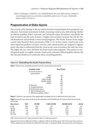 Jindal A, Pathengay A, Mithal K, et al. Endophthalmitis ­
after open globe injuries: changes in
microbiological spectrum and isolate susceptibility patterns over 14 years. J Ophthalmic
Inflamm Infect. 2014;4(1):5.
Prognostication of Globe Injuries
The severity of the damage to the eye and its function at pre­
sen­
ta­
tion have prognostic sig-
nificance. Functional assessments include mea­
sur­
ing visual acuity, determining ­
whether
an afferent pupillary defect is pre­
sent, and noting the injury descriptors, specifically the
type of trauma and the zone of injury. A higher zone of injury increases the risk for ret­
i­
nal detachment and portends a worse visual prognosis. The Ocular Trauma Score assigns
a point value based on ­
these assessments (­Table 17-3). In this system, visual acuity is the
most impor­
tant predictor of injury severity; other characteristics are assigned a negative
point value that is subtracted from the visual acuity score to produce the total raw score.
The higher the raw score, the better the final visual acuity prognosis. This system is a use-
ful general guide to roughly estimate visual acuity outcomes following globe trauma, but
the clinician should use it cautiously when counseling patients.
­Table 17-3 ​
Calculating the OcularTrauma Score
Step 1: Rec­
ord any variables pre­
sent and their associated raw points.
Variables Used Raw Points
A. Visual acuity at
pre­sen­ta­tion
NLP
LP/HM
1/200–19/200
20/200–20/50
≥20/40
60
70
80
90
100
B. Rupture
C. Endophthalmitis
D.Perforating injury
E. Ret­i­nal detachment
F
. Afferent pupillary defect
−23
−17
−14
−11
−10
Step 2: Total the raw points of the applicable variables (A–­
F) to determine the raw score.
Step 3: Use the raw score to look up the estimate of the likelihood of vari­
ous final visual acuity
outcomes.
Raw Score NLP LP/HM 1/200–19/200 20/200–20/50 ●20/40
0–44
45–65
66–80
81–91
74%
27%
2%
1%
15%
26%
11%
2%
7%
18%
15%
3%
3%
15%
31%
22%
1%
15%
41%
73%
92–100 0% 1% 1% 5% 94%
HM = hand motions; LP = light perception; NLP = no light perception.
Adapted from Kuhn F
, Maisiak R, Mann L, Mester V, Morris R, Witherspoon CD.The OcularTrauma Score
(OTS). Ophthalmol Clin North Am. 2002;15(2):163–165, vi. Copyright 2002, with permission from Elsevier.
Chapter 17: Posterior Segment Manifestations of Trauma ● 409
 
